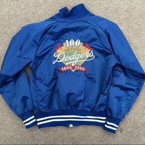 Vintage Los Angeles Dodgers Blue Satin Jacket 100 Year Anniversary Sz L RARE